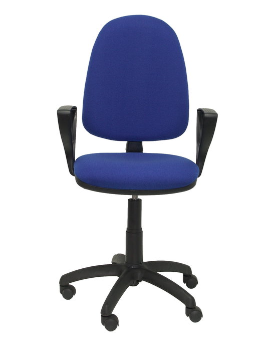 Silla de oficina Aýna con mecanismo Contacto permanente básico tapizada con Tela color Azul. Equipada con Base poliamida negra, Brazos fijos y Ruedas de nailon 50 mm