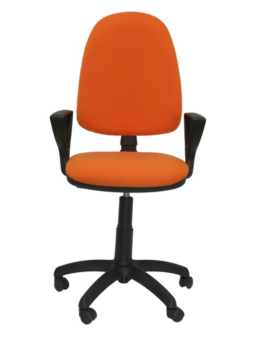 Silla de oficina Aýna con mecanismo Contacto permanente básico tapizada con Tela color Naranja. Equipada con Base poliamida negra, Brazos fijos y Ruedas de nailon 50 mm