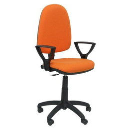 Silla de oficina Aýna con mecanismo Contacto permanente básico tapizada con Tela color Naranja. Equipada con Base poliamida negra, Brazos fijos y Ruedas de nailon 50 mm