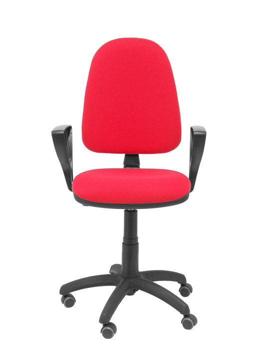 Silla de oficina Aýna con mecanismo Contacto permanente básico tapizada con Tela color Rojo. Equipada con Base poliamida negra, Brazos fijos y Ruedas de parqué