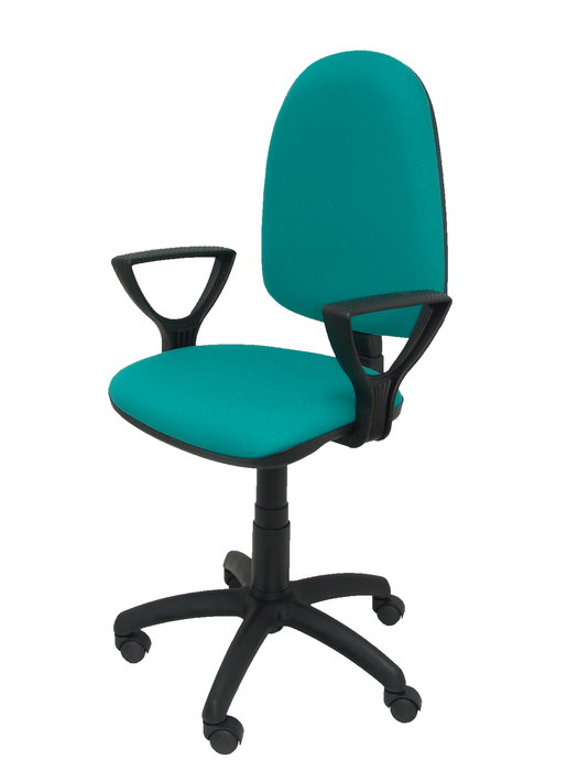 Silla de oficina Aýna con mecanismo Contacto permanente básico tapizada con Tela color Turquesa. Equipada con Base poliamida negra, Brazos fijos y Ruedas de nailon 50 mm