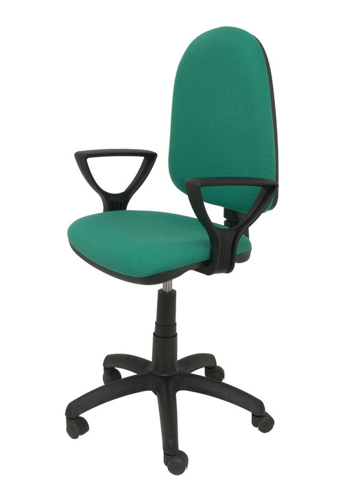 Silla de oficina Aýna con mecanismo Contacto permanente básico tapizada con Tela color Verde esmeralda. Equipada con Base poliamida negra, Brazos fijos y Ruedas de nailon 50 mm