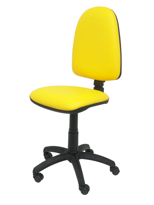Silla de oficina Aýna con mecanismo Contacto permanente básico tapizada con Similpiel color Amarillo. Equipada con Base poliamida negra, Sin brazos y Ruedas de nailon 50 mm