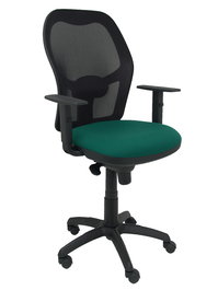 Silla de oficina Jorquera con mecanismo Sincro tapizada con Tela color Verde botella y malla color Negro. Equipada con lumbar 1D, Brazos 1D y Ruedas de nailon 50 mm