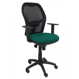 Silla de oficina Jorquera con mecanismo Sincro tapizada con Tela color Verde botella y malla color Negro. Equipada con lumbar 1D, Brazos 1D y Ruedas de nailon 50 mm