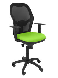 Silla de oficina Jorquera con mecanismo Sincro tapizada con Tela color Pistacho y malla color Negro. Equipada con lumbar 1D, Brazos 1D y Ruedas de nailon 50 mm