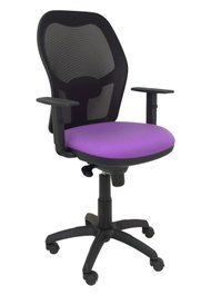Silla de oficina Jorquera con mecanismo Sincro tapizada con Tela color Lila y malla color Negro. Equipada con lumbar 1D, Brazos 1D y Ruedas de nailon 50 mm