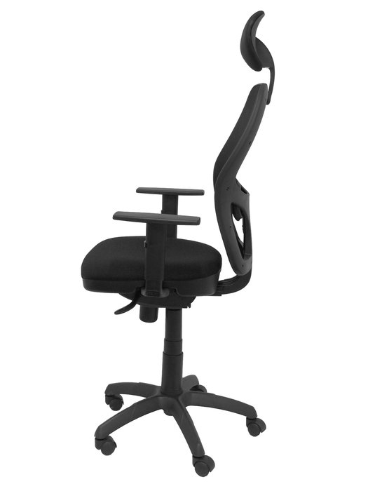 Silla de oficina Jorquera con mecanismo Sincro tapizada con Tela color Negro. Equipada con lumbar 1D, Brazos 1D, Cabecero Fijo y Ruedas de nailon 50 mm