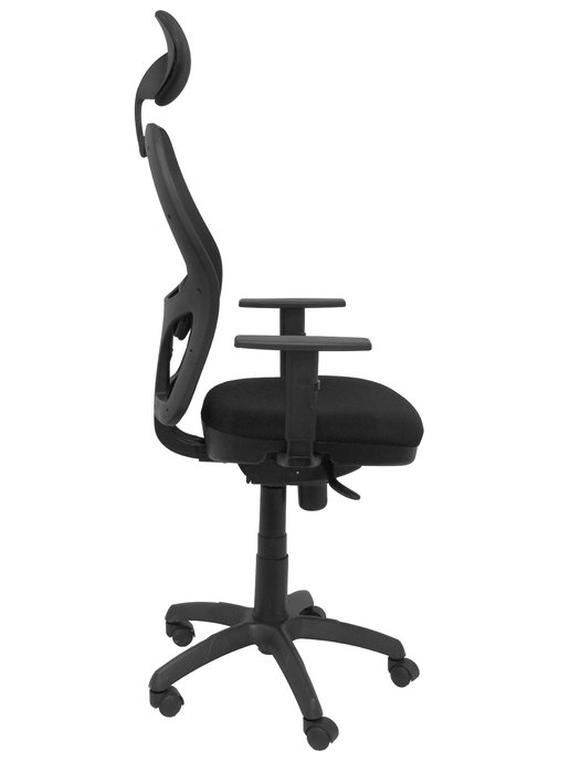 Silla de oficina Jorquera con mecanismo Sincro tapizada con Tela color Negro. Equipada con lumbar 1D, Brazos 1D, Cabecero Fijo y Ruedas de nailon 50 mm