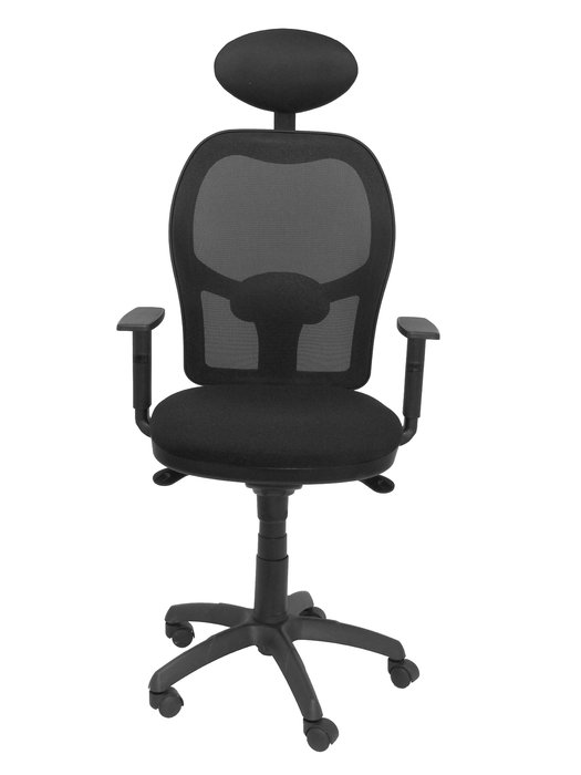Silla de oficina Jorquera con mecanismo Sincro tapizada con Tela color Negro. Equipada con lumbar 1D, Brazos 1D, Cabecero Fijo y Ruedas de nailon 50 mm