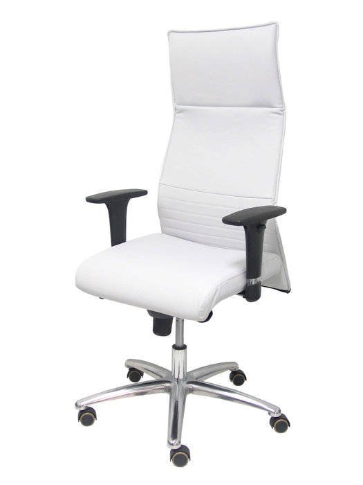 Sillón Albacete con mecanismo Sincro tapizada con Similpiel color Gris claro. Equipado con Base aluminio, Brazos 1D y Ruedas de parqué