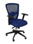 Silla de oficina Pozuelo con mecanismo Sincro tapizada con Tela color Azul. Equipada con lumbar 2D, Brazos 2D y Ruedas de parqué