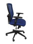 Silla de oficina Pozuelo con mecanismo Sincro tapizada con Tela color Azul. Equipada con lumbar 2D, Brazos 2D y Ruedas de parqué