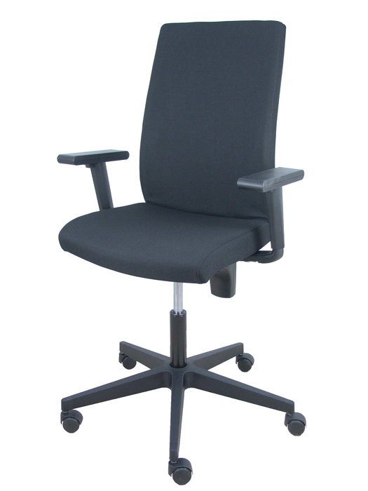 Silla de oficina I-Line con mecanismo Contacto permanente de doble maneta tapizada con Tela color Negro. Equipada con Base poliamida negra, Brazos 1D y Ruedas autofrenantes
