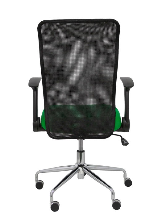 Silla de oficina Minaya con mecanismo Basculante tapizada con Tela color Verde y malla color Negro. Equipada con Base cromada, Brazos abatibles y Ruedas de nailon 50 mm