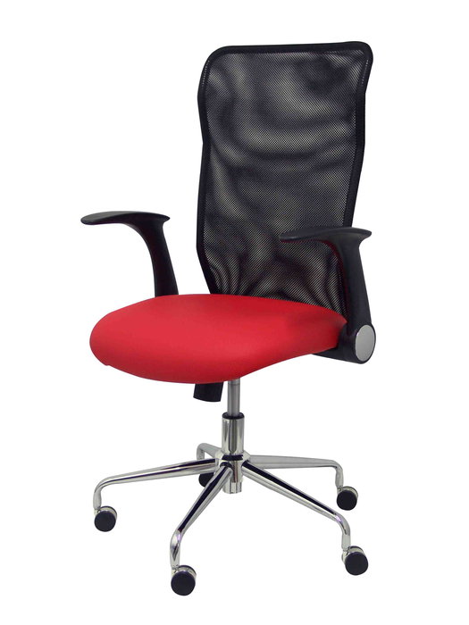 Silla de oficina Minaya con mecanismo Basculante tapizada con Similpiel color Rojo y malla color Negro. Equipada con Base cromada, Brazos abatibles y Ruedas de nailon 50 mm Silla de oficina Minaya con mecanismo Basculante tapizada con Similpiel color Rojo y malla color Negro. Equipada con Base cromada, Brazos abatibles y Ruedas de nailon 50 mm
