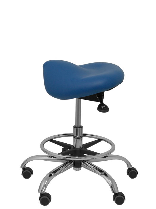 Piqueras y Crespo Taburete clínico giratorio y regulable en altura, asiento anatómico similpiel azul, base con ruedas y reposapiés cromado