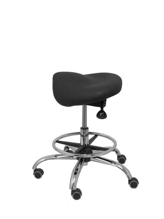 Piqueras y Crespo Taburete Clínico Giratorio Ergonómico Regulable en Altura, Asiento Anatómico Similpiel Negro, Reposapiés Cromado, Base 5 Radios