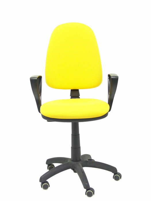 Silla de oficina Aýna con mecanismo Contacto permanente básico tapizada con Tela color Amarillo. Equipada con Base poliamida negra, Brazos fijos y Ruedas de parqué