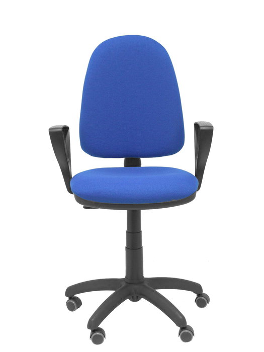 Silla de oficina Aýna con mecanismo Contacto permanente básico tapizada con Tela color Azul. Equipada con Base poliamida negra, Brazos fijos y Ruedas de parqué