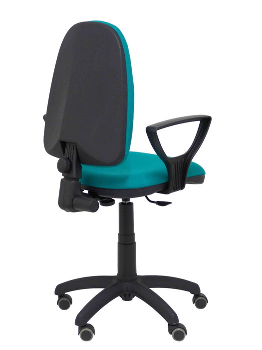 Silla de oficina Aýna con mecanismo Contacto permanente básico tapizada con Tela color Turquesa. Equipada con Base poliamida negra, Brazos fijos y Ruedas de parqué