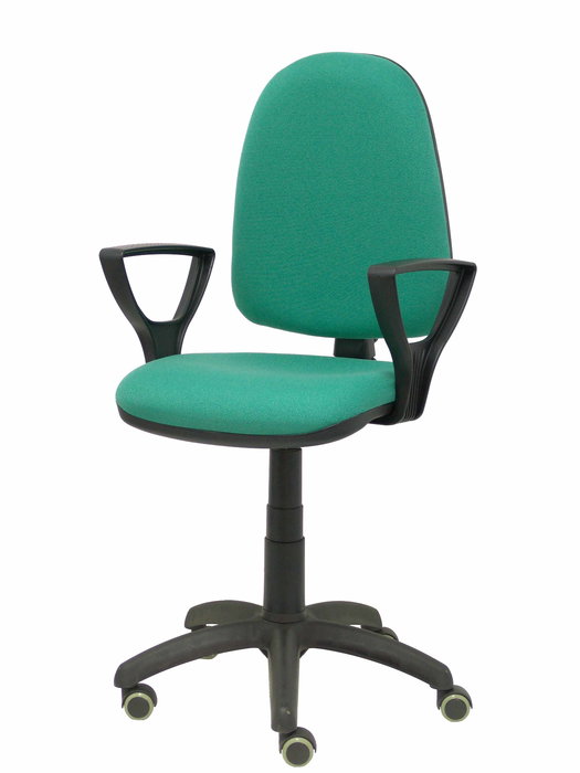 Silla de oficina Aýna con mecanismo Contacto permanente básico tapizada con Tela color Verde esmeralda. Equipada con Base poliamida negra, Brazos fijos y Ruedas de parqué