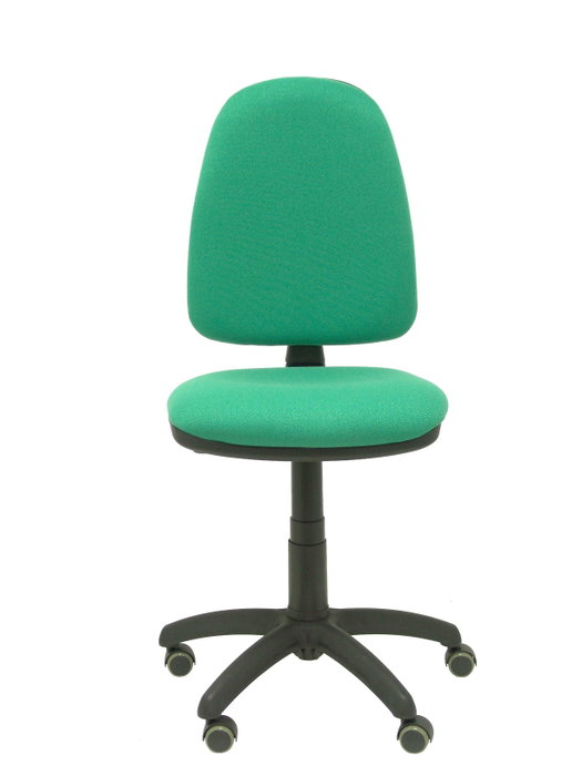 Silla de oficina Aýna con mecanismo Contacto permanente básico tapizada con Tela color Verde esmeralda. Equipada con Base poliamida negra, Sin brazos y Ruedas de parqué