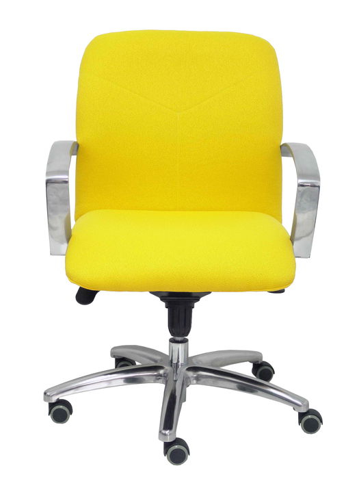 Silla Caudete confidente con mecanismo Basculante avanzado tapizada con Tela color Amarillo. Equipada con Base aluminio, Brazos fijos y Ruedas de parqué