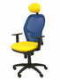 Silla de oficina Jorquera con mecanismo Sincro tapizada con Tela color Amarillo y malla color Azul. Equipada con lumbar 1D, Brazos 1D, Cabecero Fijo y Ruedas de nailon 50 mm