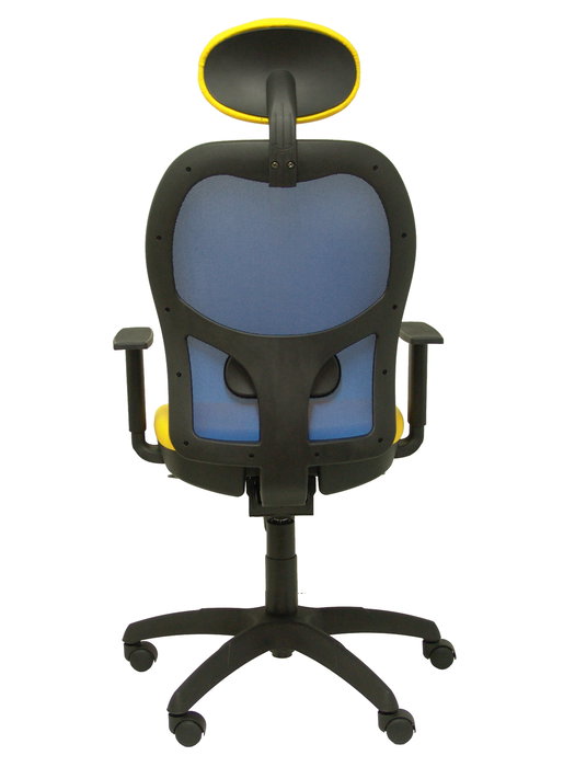 Silla de oficina Jorquera con mecanismo Sincro tapizada con Tela color Amarillo y malla color Azul. Equipada con lumbar 1D, Brazos 1D, Cabecero Fijo y Ruedas de nailon 50 mm