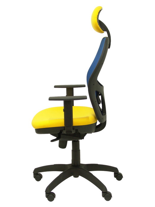 Silla de oficina Jorquera con mecanismo Sincro tapizada con Tela color Amarillo y malla color Azul. Equipada con lumbar 1D, Brazos 1D, Cabecero Fijo y Ruedas de nailon 50 mm