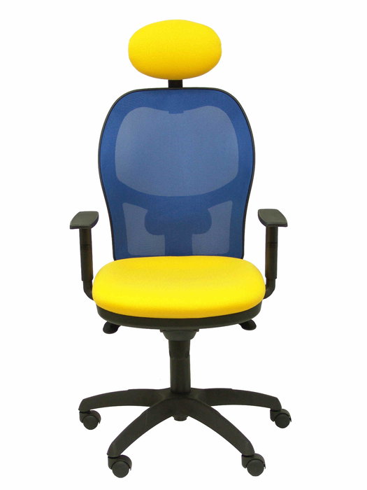 Silla de oficina Jorquera con mecanismo Sincro tapizada con Tela color Amarillo y malla color Azul. Equipada con lumbar 1D, Brazos 1D, Cabecero Fijo y Ruedas de nailon 50 mm