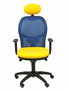 Silla de oficina Jorquera con mecanismo Sincro tapizada con Tela color Amarillo y malla color Azul. Equipada con lumbar 1D, Brazos 1D, Cabecero Fijo y Ruedas de nailon 50 mm