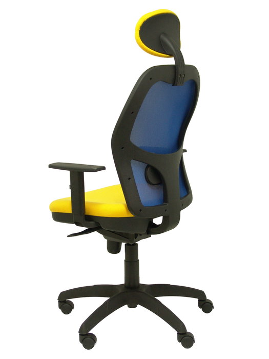 Silla de oficina Jorquera con mecanismo Sincro tapizada con Tela color Amarillo y malla color Azul. Equipada con lumbar 1D, Brazos 1D, Cabecero Fijo y Ruedas de nailon 50 mm