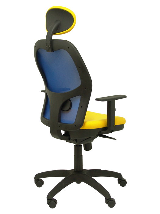 Silla de oficina Jorquera con mecanismo Sincro tapizada con Tela color Amarillo y malla color Azul. Equipada con lumbar 1D, Brazos 1D, Cabecero Fijo y Ruedas de nailon 50 mm