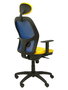 Silla de oficina Jorquera con mecanismo Sincro tapizada con Tela color Amarillo y malla color Azul. Equipada con lumbar 1D, Brazos 1D, Cabecero Fijo y Ruedas de nailon 50 mm
