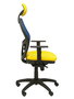 Silla de oficina Jorquera con mecanismo Sincro tapizada con Tela color Amarillo y malla color Azul. Equipada con lumbar 1D, Brazos 1D, Cabecero Fijo y Ruedas de nailon 50 mm