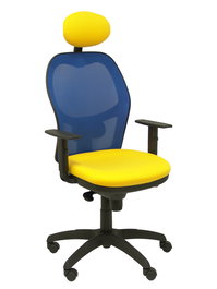 Silla de oficina Jorquera con mecanismo Sincro tapizada con Tela color Amarillo y malla color Azul. Equipada con lumbar 1D, Brazos 1D, Cabecero Fijo y Ruedas de nailon 50 mm