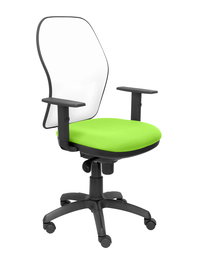 Silla de oficina Jorquera con mecanismo Sincro tapizada con Tela color Pistacho y malla color Blanco. Equipada con lumbar 1D, Brazos 1D y Ruedas de nailon 50 mm