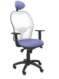 Silla de oficina Jorquera con mecanismo Sincro tapizada con Tela color Azul claro y malla color Blanco. Equipada con lumbar 1D, Brazos 1D, Cabecero Fijo y Ruedas de nailon 50 mm