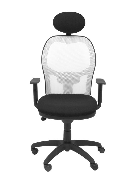 Silla de oficina Jorquera con mecanismo Sincro tapizada con Tela color Negro y malla color Blanco. Equipada con lumbar 1D, Brazos 1D, Cabecero Fijo y Ruedas de nailon 50 mm