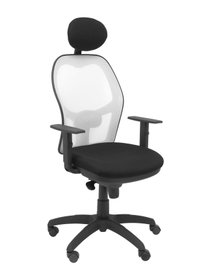 Silla de oficina Jorquera con mecanismo Sincro tapizada con Tela color Negro y malla color Blanco. Equipada con lumbar 1D, Brazos 1D, Cabecero Fijo y Ruedas de nailon 50 mm