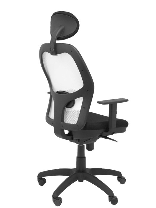 Silla de oficina Jorquera con mecanismo Sincro tapizada con Tela color Negro y malla color Blanco. Equipada con lumbar 1D, Brazos 1D, Cabecero Fijo y Ruedas de nailon 50 mm