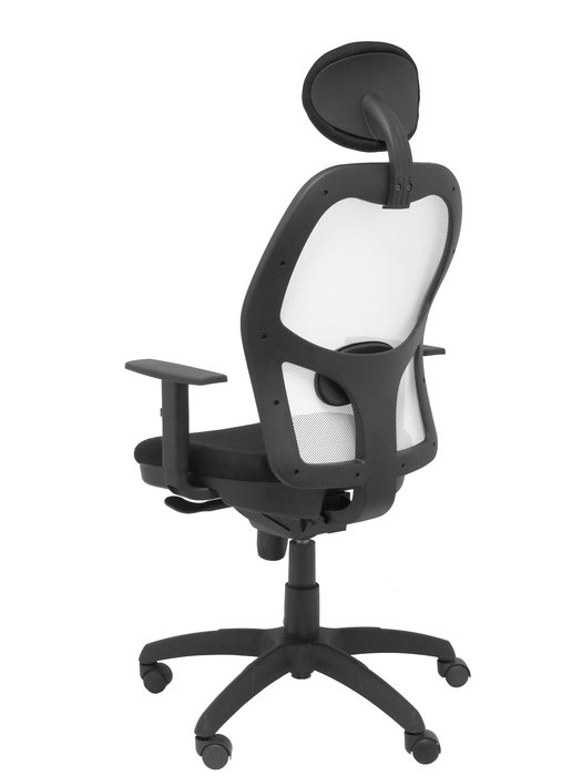Silla de oficina Jorquera con mecanismo Sincro tapizada con Tela color Negro y malla color Blanco. Equipada con lumbar 1D, Brazos 1D, Cabecero Fijo y Ruedas de nailon 50 mm