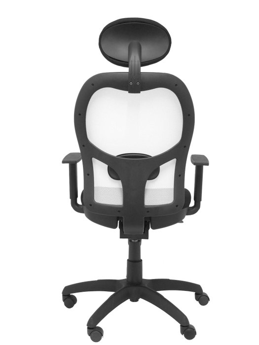 Silla de oficina Jorquera con mecanismo Sincro tapizada con Tela color Negro y malla color Blanco. Equipada con lumbar 1D, Brazos 1D, Cabecero Fijo y Ruedas de nailon 50 mm
