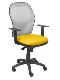 Silla de oficina Jorquera con mecanismo Sincro tapizada con Tela color Amarillo y malla color Gris. Equipada con lumbar 1D, Brazos 1D y Ruedas de nailon 50 mm