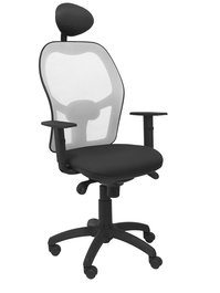 Silla de oficina Jorquera con mecanismo Sincro tapizada con Tela color Negro y malla color Gris. Equipada con lumbar 1D, Brazos 1D, Cabecero Fijo y Ruedas de nailon 50 mm