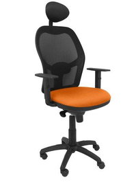 Silla de oficina Jorquera con mecanismo Sincro tapizada con Tela color Naranja y malla color Negro. Equipada con lumbar 1D, Brazos 1D, Cabecero Fijo y Ruedas de nailon 50 mm