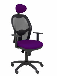 Silla de oficina Jorquera con mecanismo Sincro tapizada con Tela color Morado y malla color Negro. Equipada con lumbar 1D, Brazos 1D, Cabecero Fijo y Ruedas de nailon 50 mm