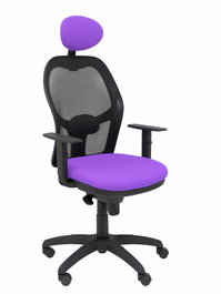 Silla de oficina Jorquera con mecanismo Sincro tapizada con Tela color Lila y malla color Negro. Equipada con lumbar 1D, Brazos 1D, Cabecero Fijo y Ruedas de nailon 50 mm